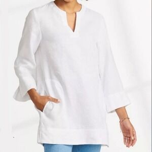Lands' End Women's XXL White Linen Viscose Blend V-Neck 3/4 Sleeve Tunic Blouse